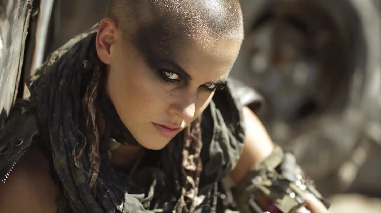 Bald woman with mechanical arm in post apocalyptic cloak