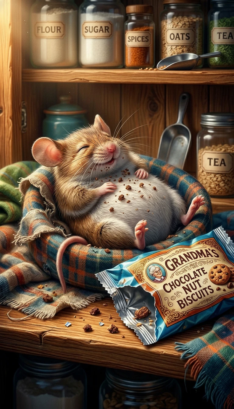 Ratón juguetón durmiendo junto a un paquete de galletas vacío