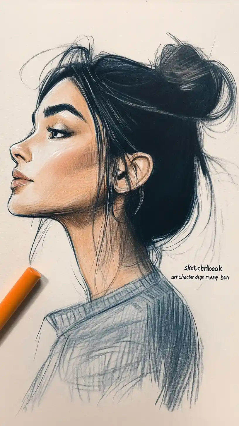 Elegant profile portrait of a blue haired woman in striped turtleneck