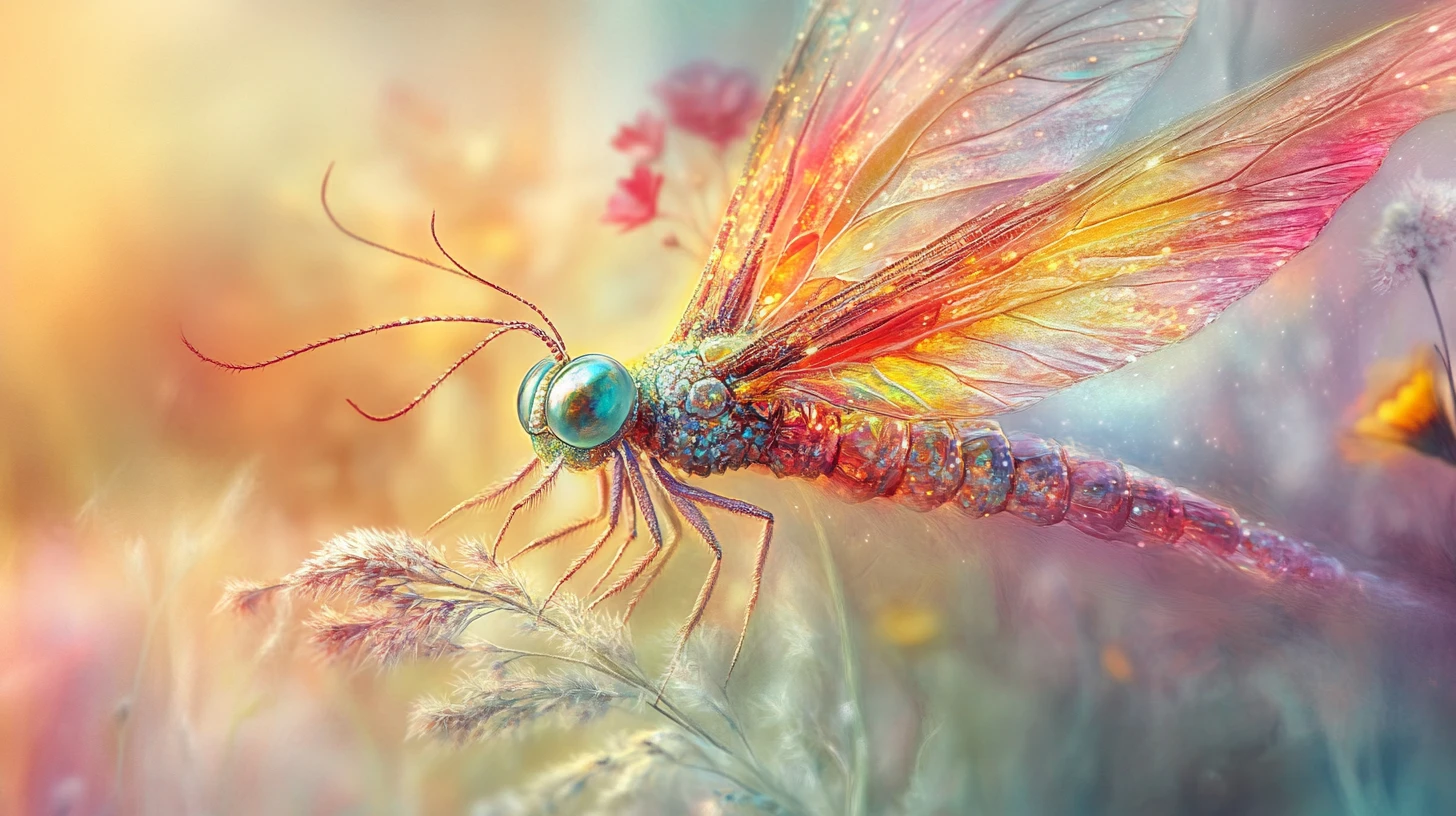 Whimsical fairy portrait with iridescent wings and floral backdrop