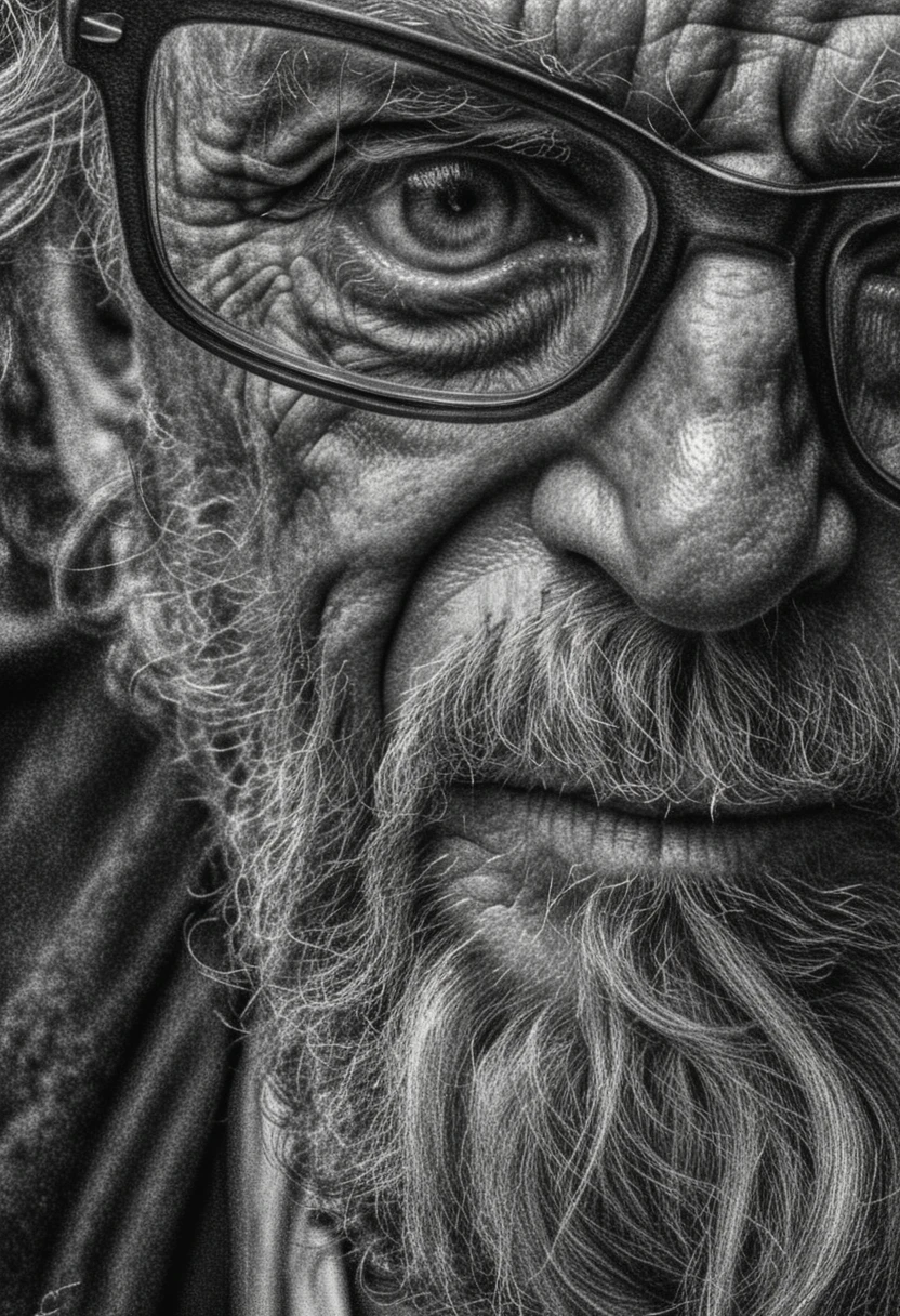 Close up pencil portrait of aging man with glasses