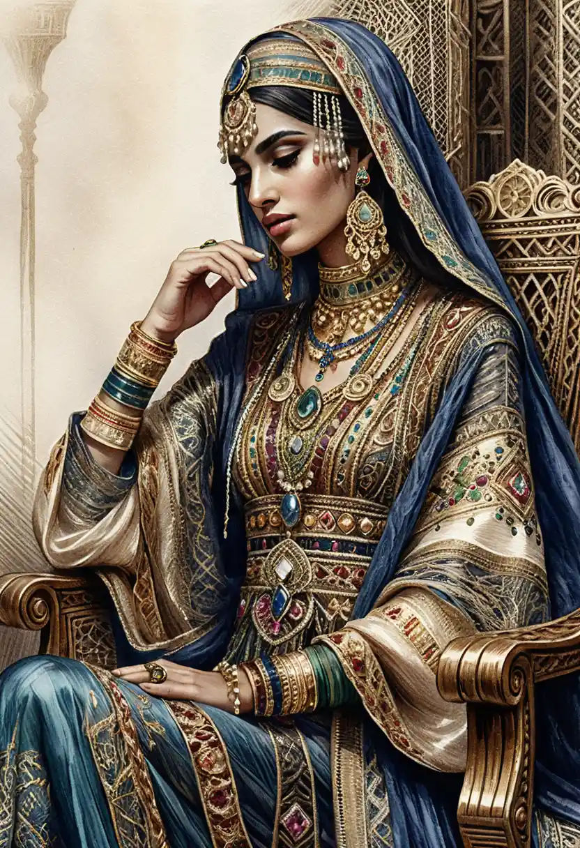 Elegante arabische Frau in kunstvoller traditioneller Kleidung und Schmuck