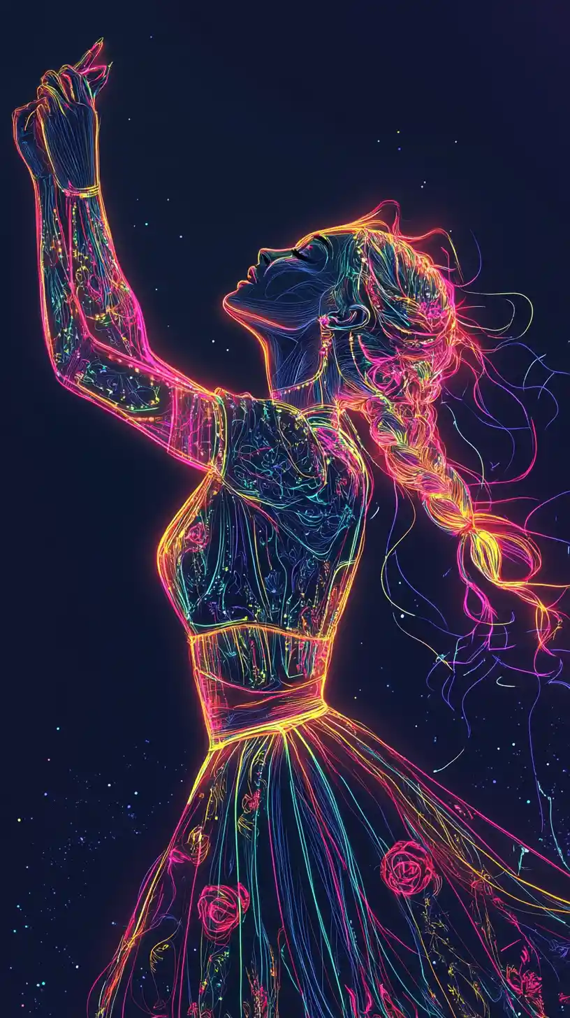 Donna danzante con contorni al neon e motivi geometrici luminosi