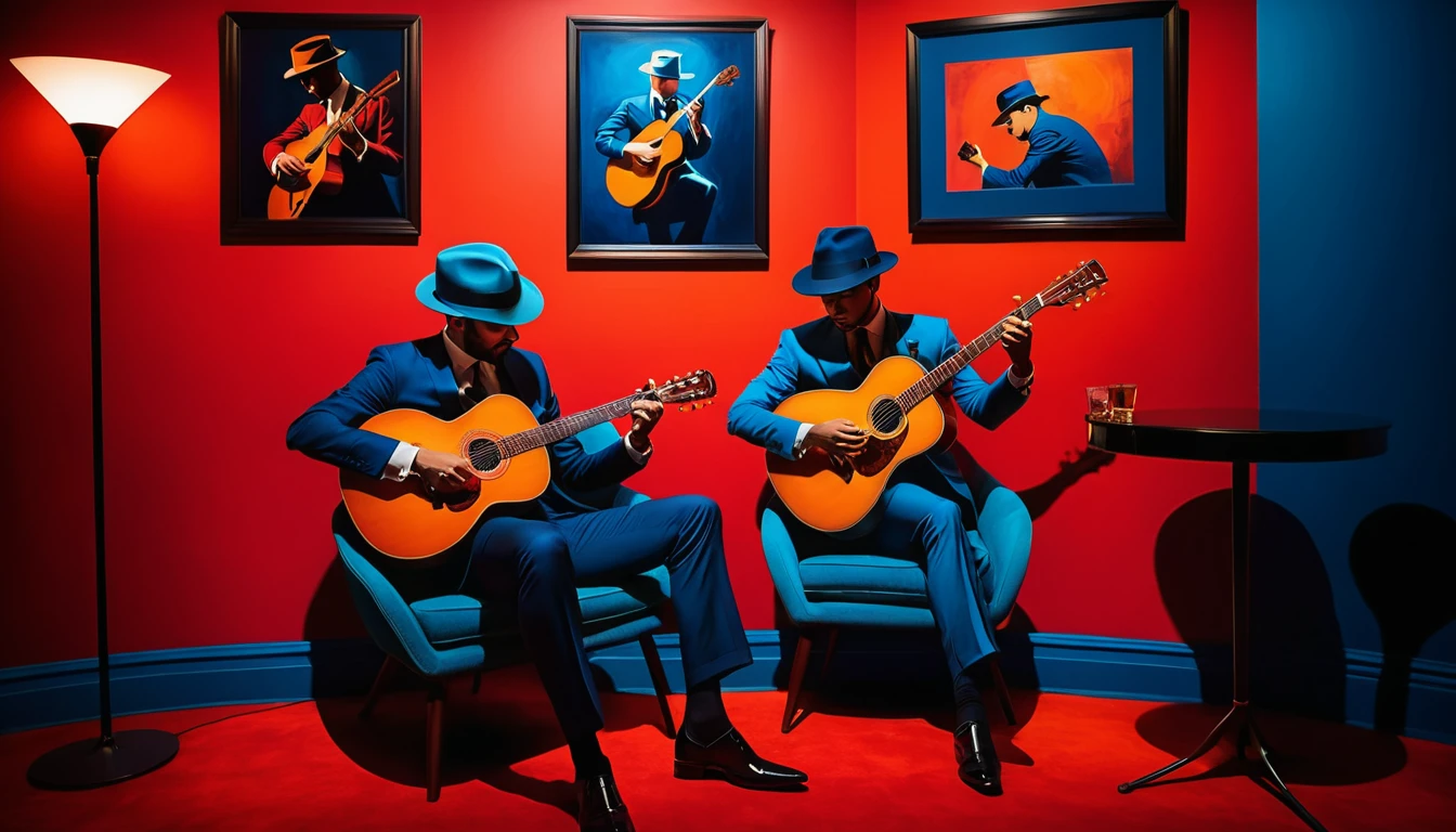 Musician In Blue Suit Playing Guitar Against Red Wall