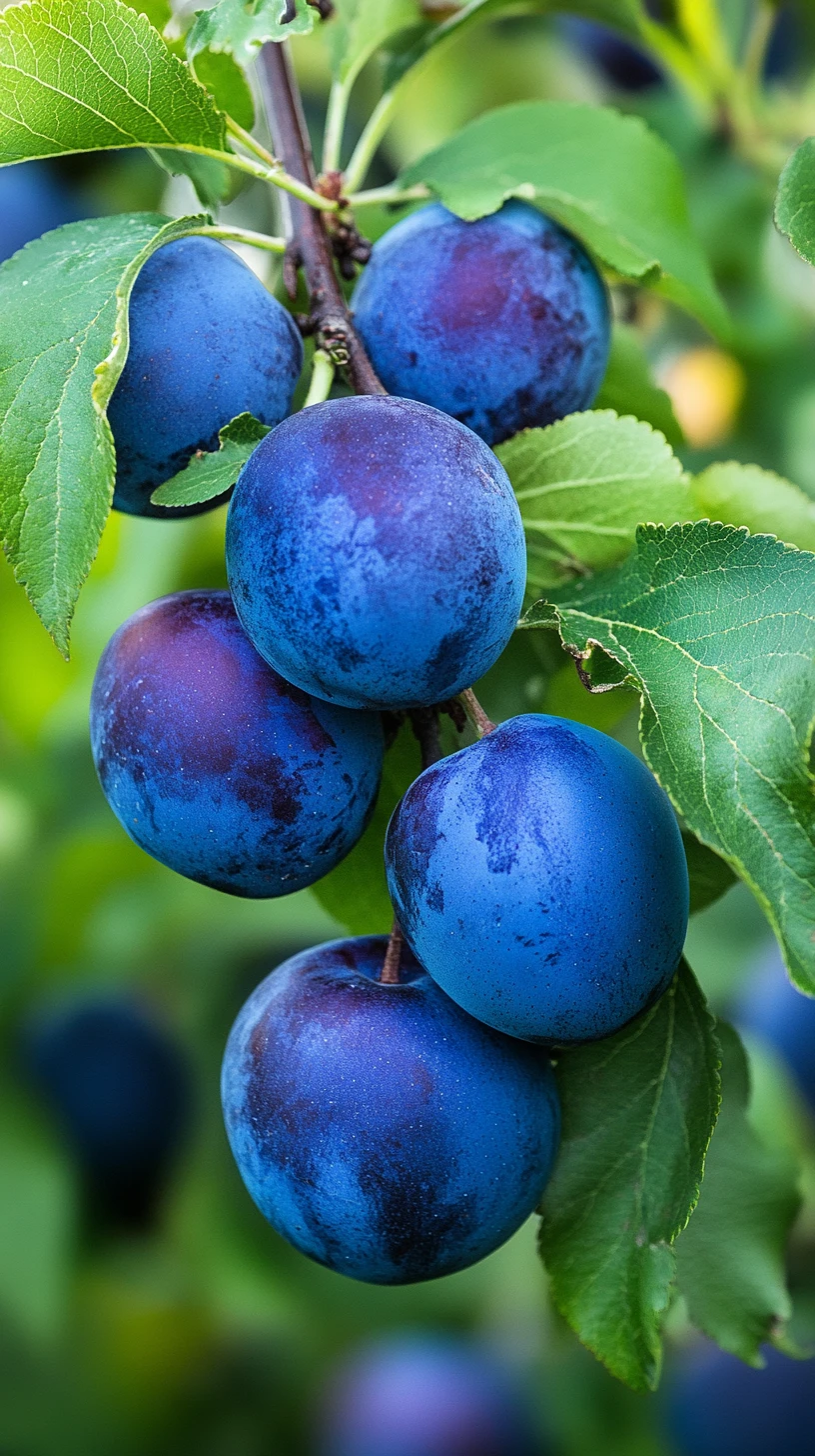 Ripe purple plums hanging on branches with green leaves