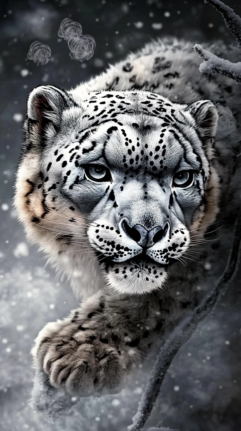 Snow leopard close up in pale icy tones and mist