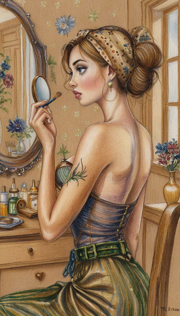 Blonde pin up woman applying lipstick at vintage vanity