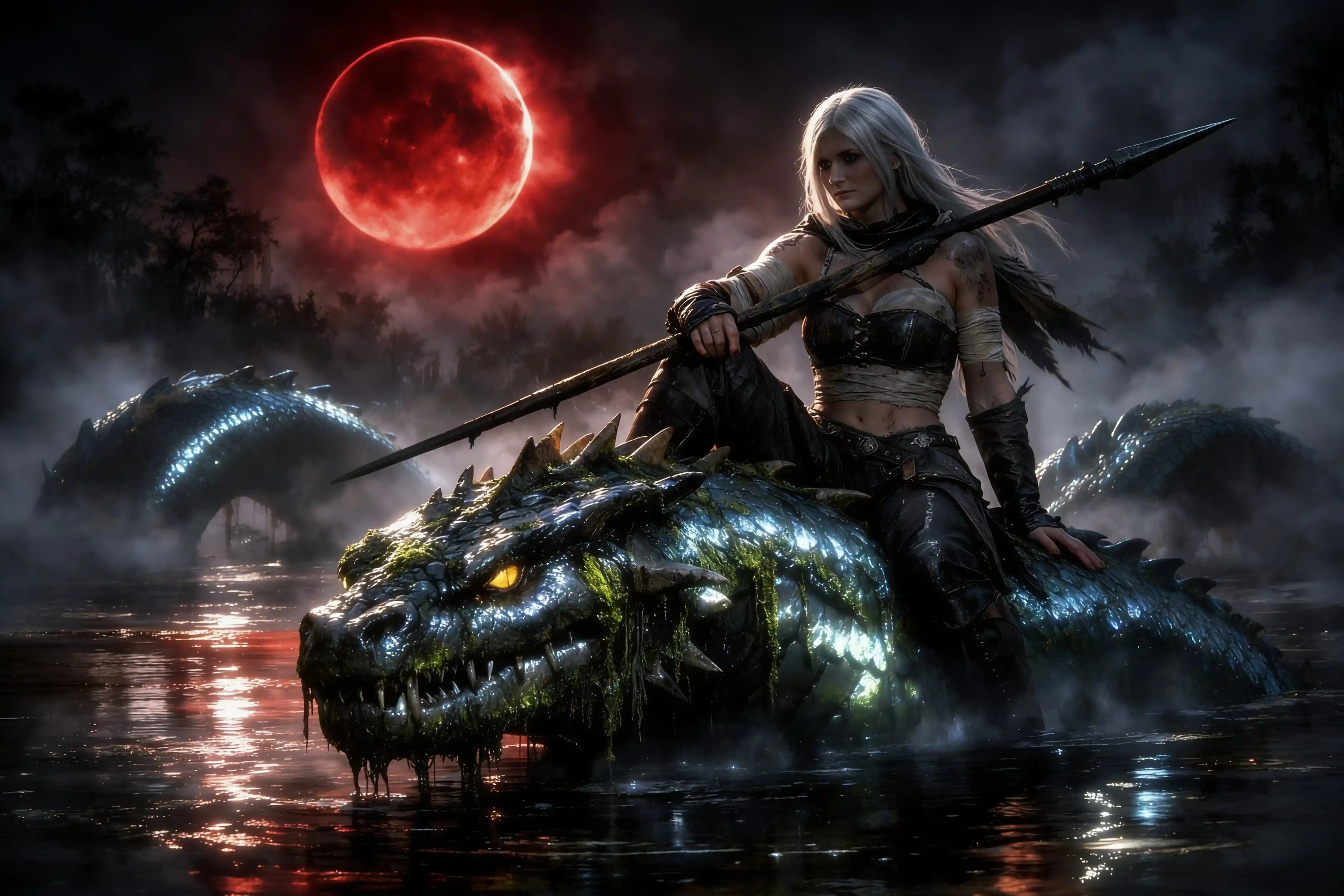 White haired warrior riding a sea serpent in misty swamp
