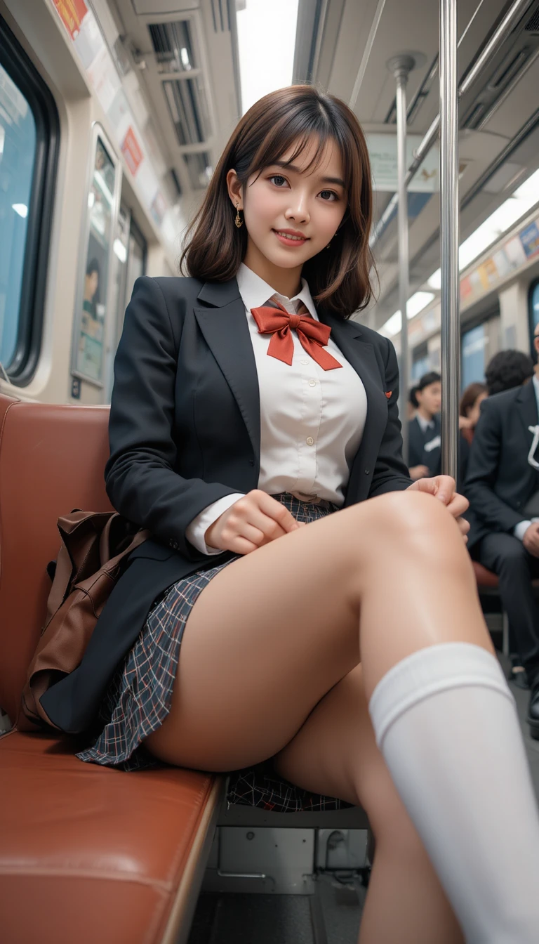 Japanese schoolgirl sitting on a train seat in uniform