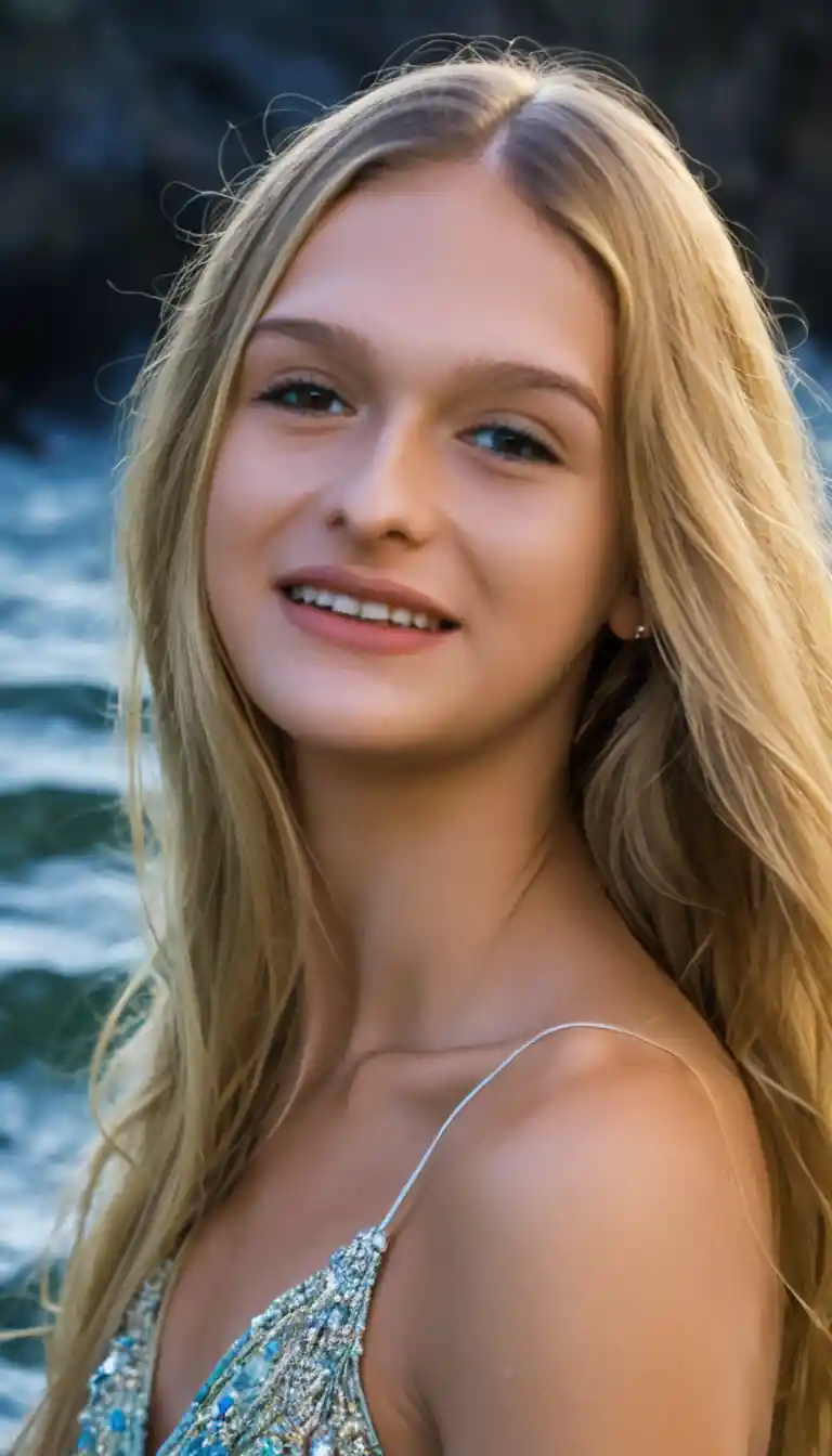 Serene young woman seen from below with flowing blonde hair