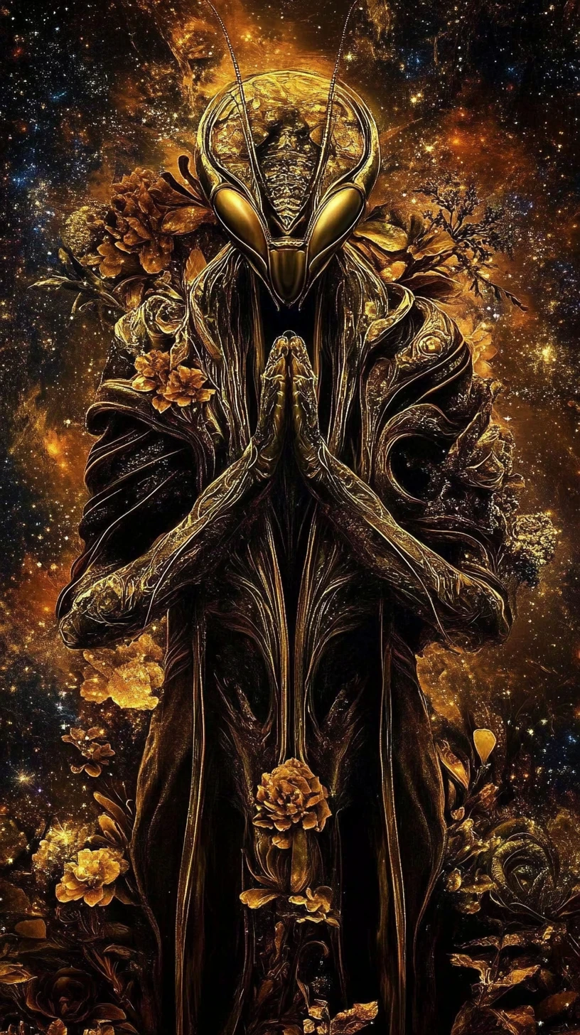 Elegant praying mantis humanoid in layered velvet robes