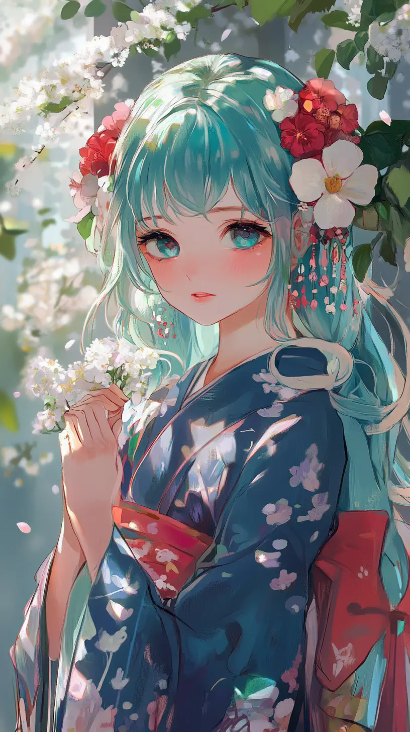 Blue haired anime girl in floral kimono holding white blossoms