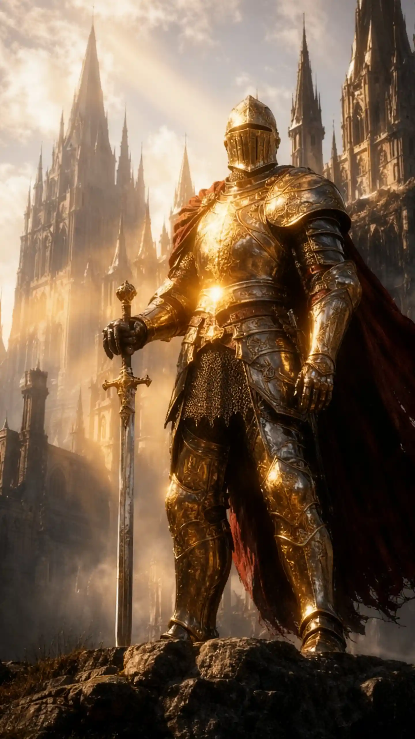 Medieval knight on rocky ledge before misty gothic castle