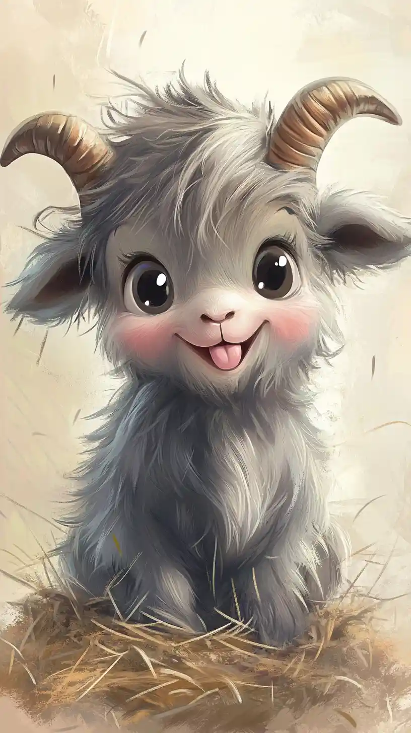 Playful fluffy baby goat cartoon sitting on scattered hay