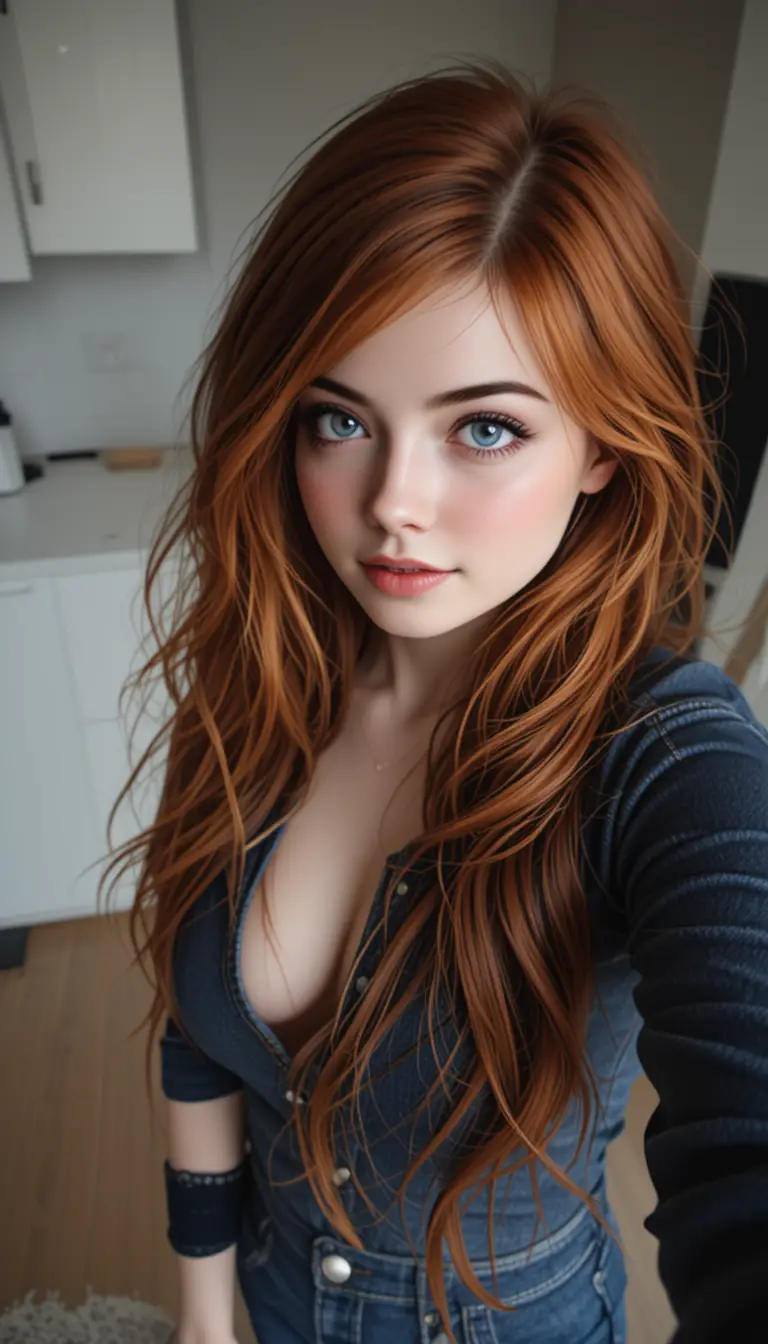 Petite red haired woman in denim taking a selfie pov