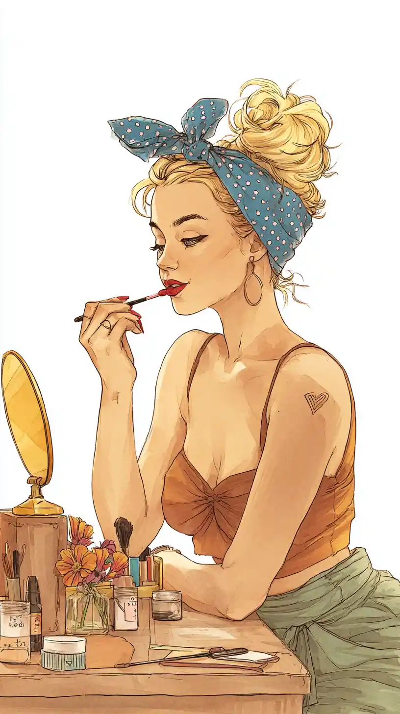 Blonde pin up woman applying lipstick at vintage vanity