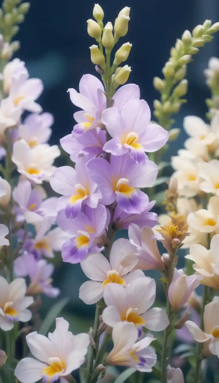 Delicate digital watercolor freesias in white cream and purple