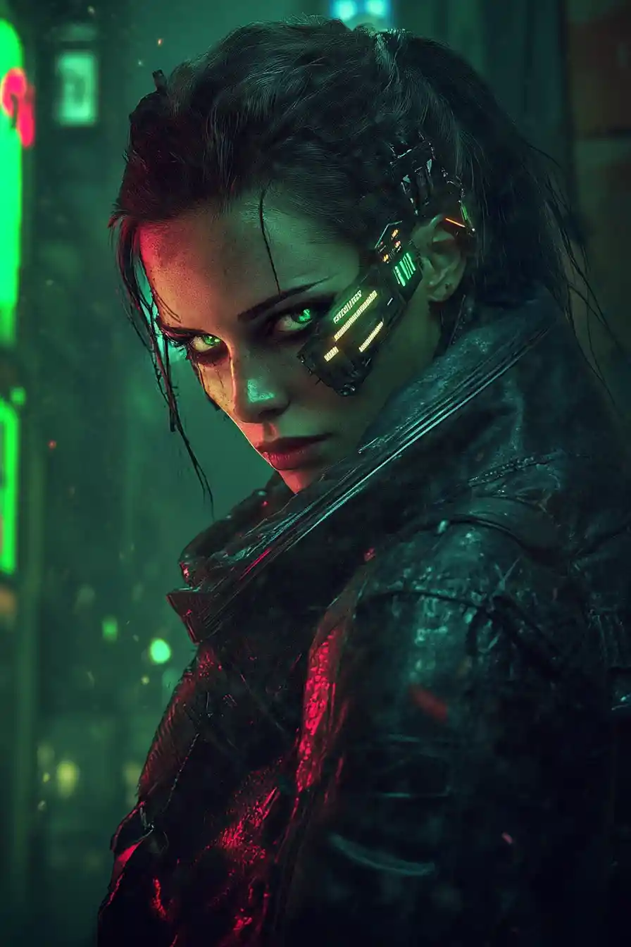 Cyberpunk woman portrait in neon green and red light