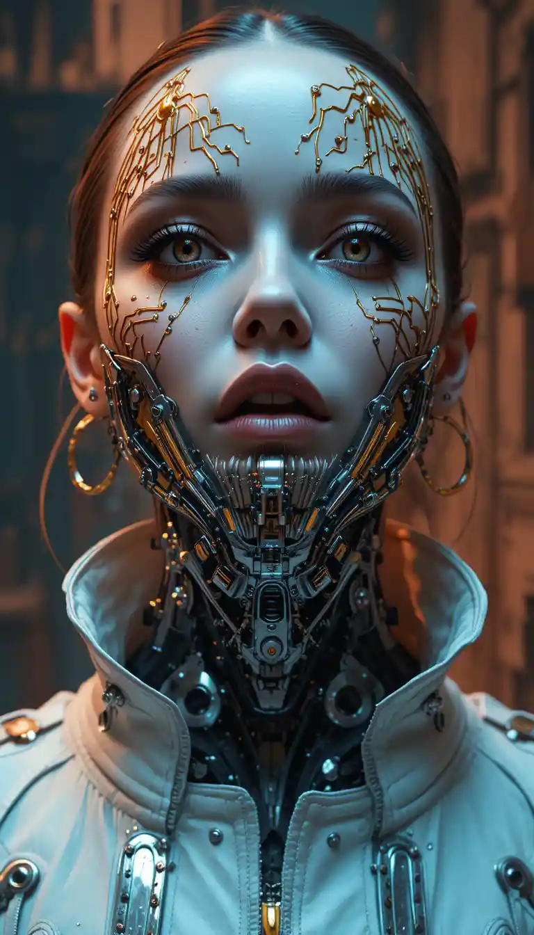 Cyberpunk cyborg woman with chrome jaw and circuitry tattoos