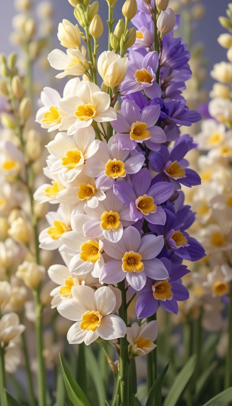 Delicate digital watercolor freesias in soft white and purple