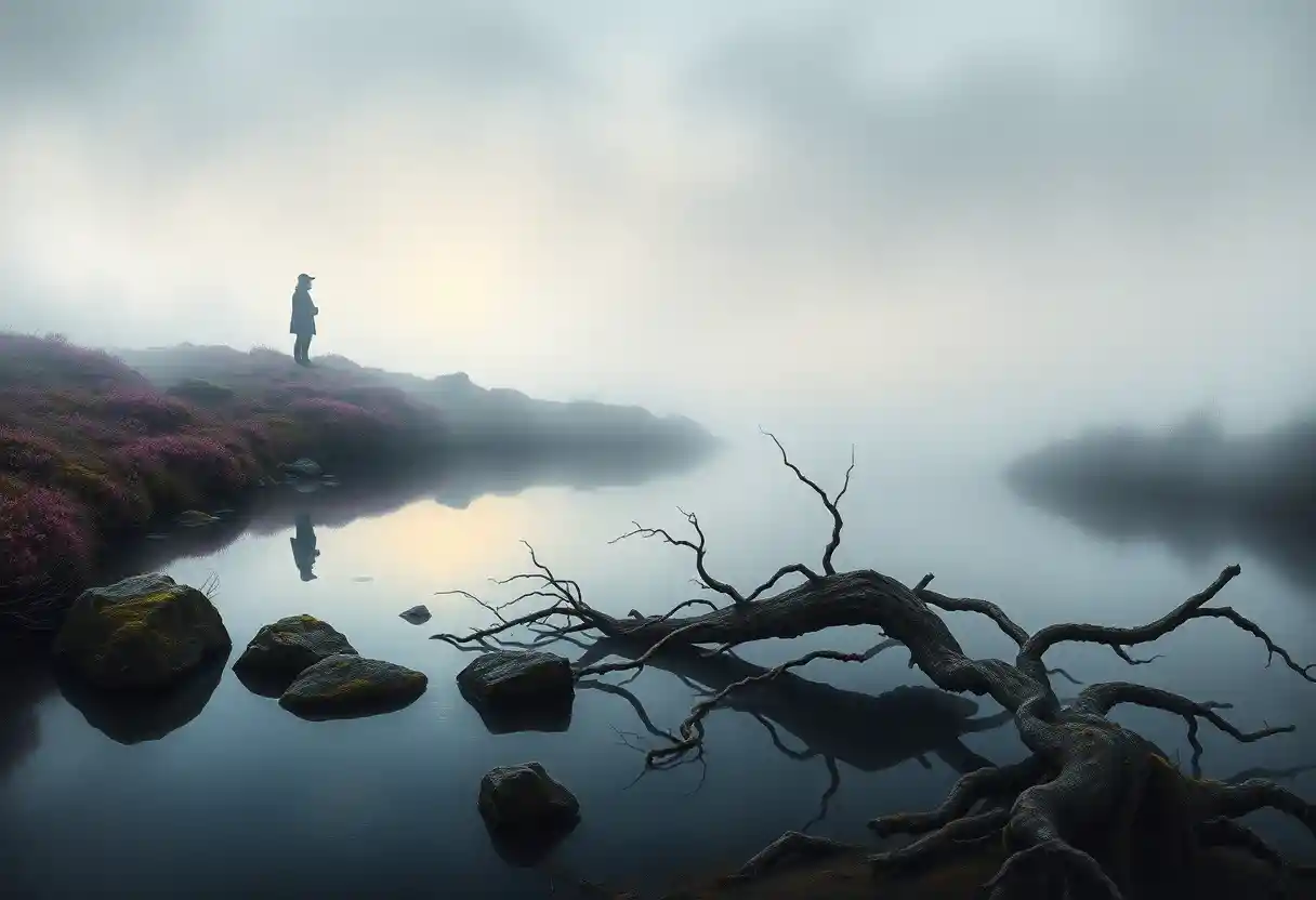 Solitary figure fading at dawn over a misty moor