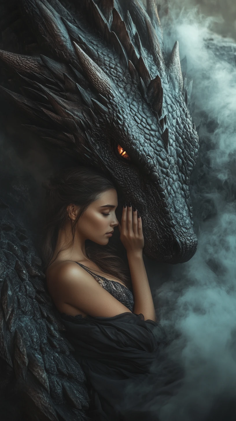 Woman resting against the head of a colossal dragon