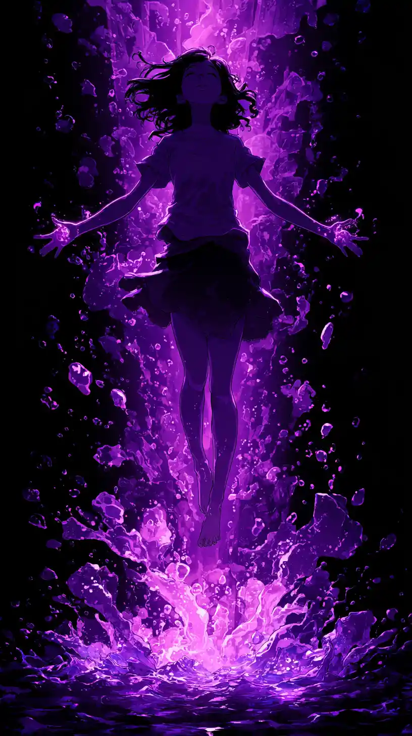 Femme d’anime s’élevant en silhouette dans une énergie violette