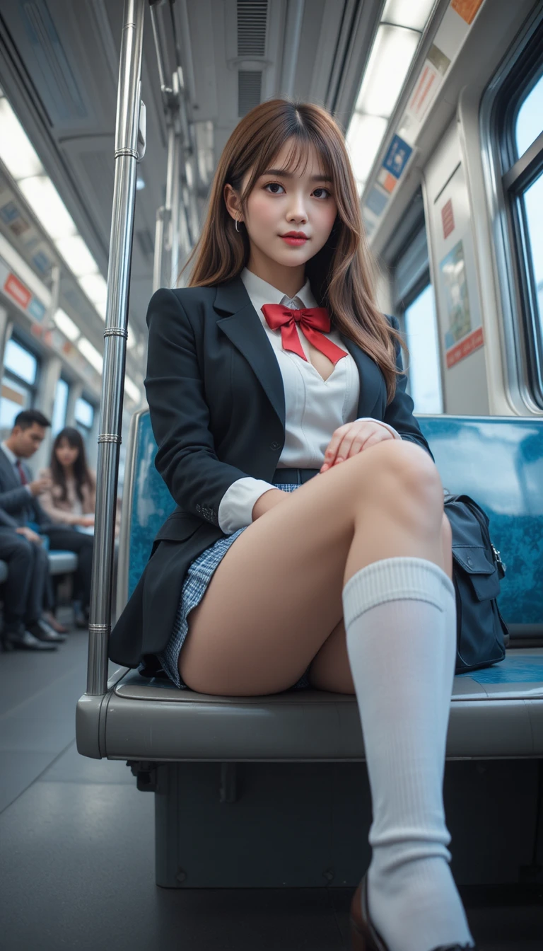 Japanese schoolgirl sitting on a train seat in uniform