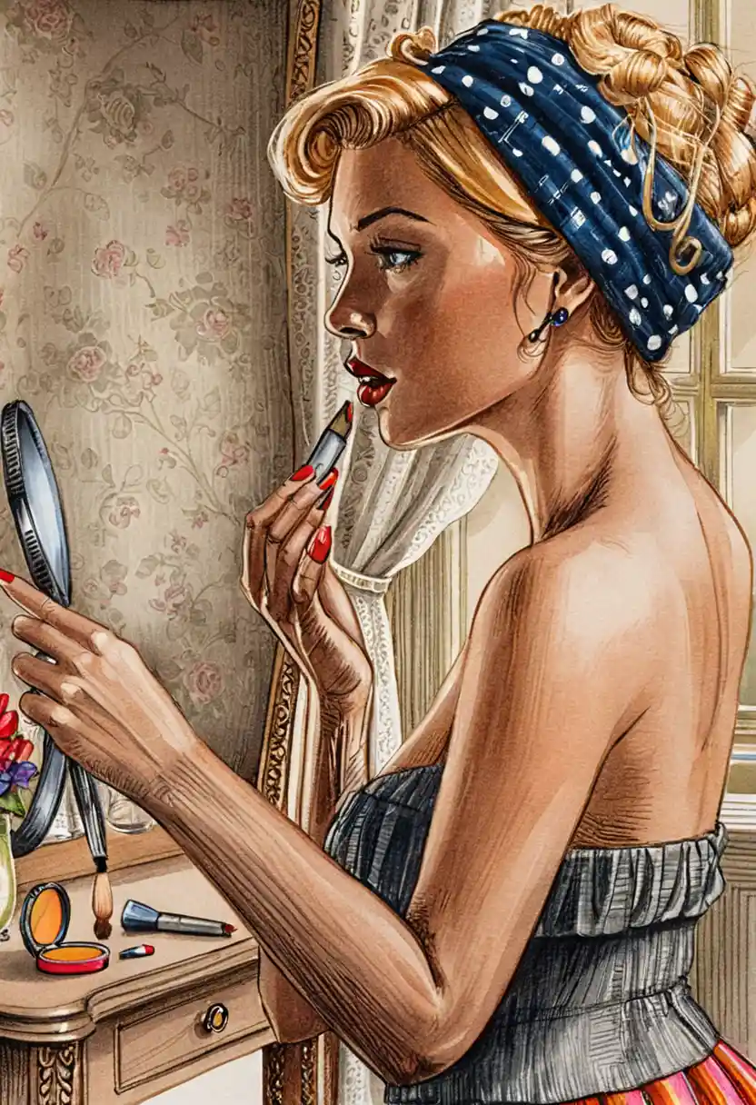 Blonde pin up woman applying lipstick at vintage vanity