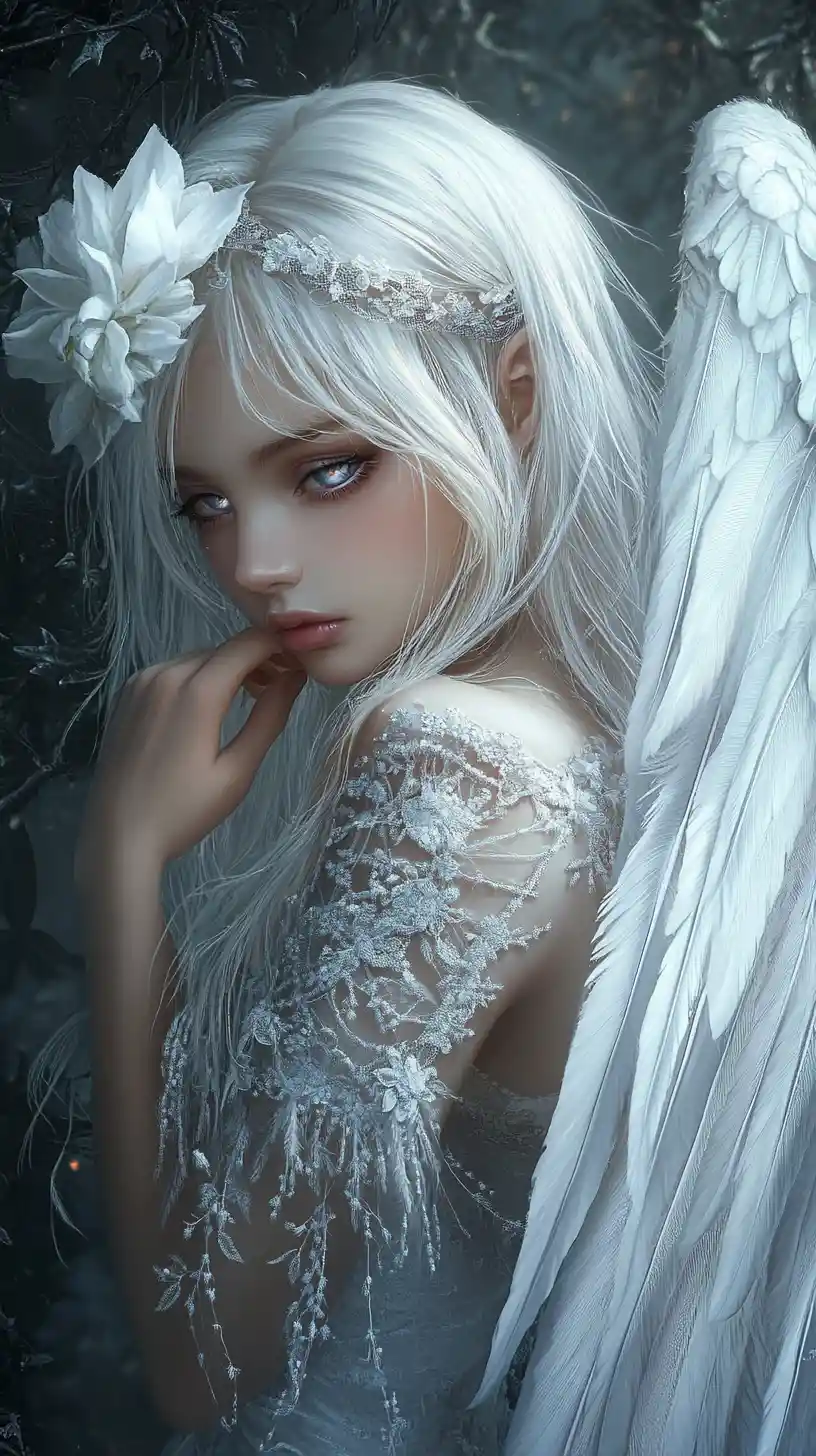 Mulher angelical de anime melancólica com asas brancas iridescentes