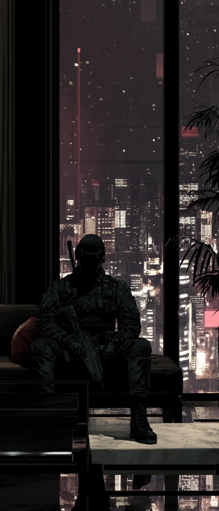 Anime assassin stealth kill in a dark luxury penthouse