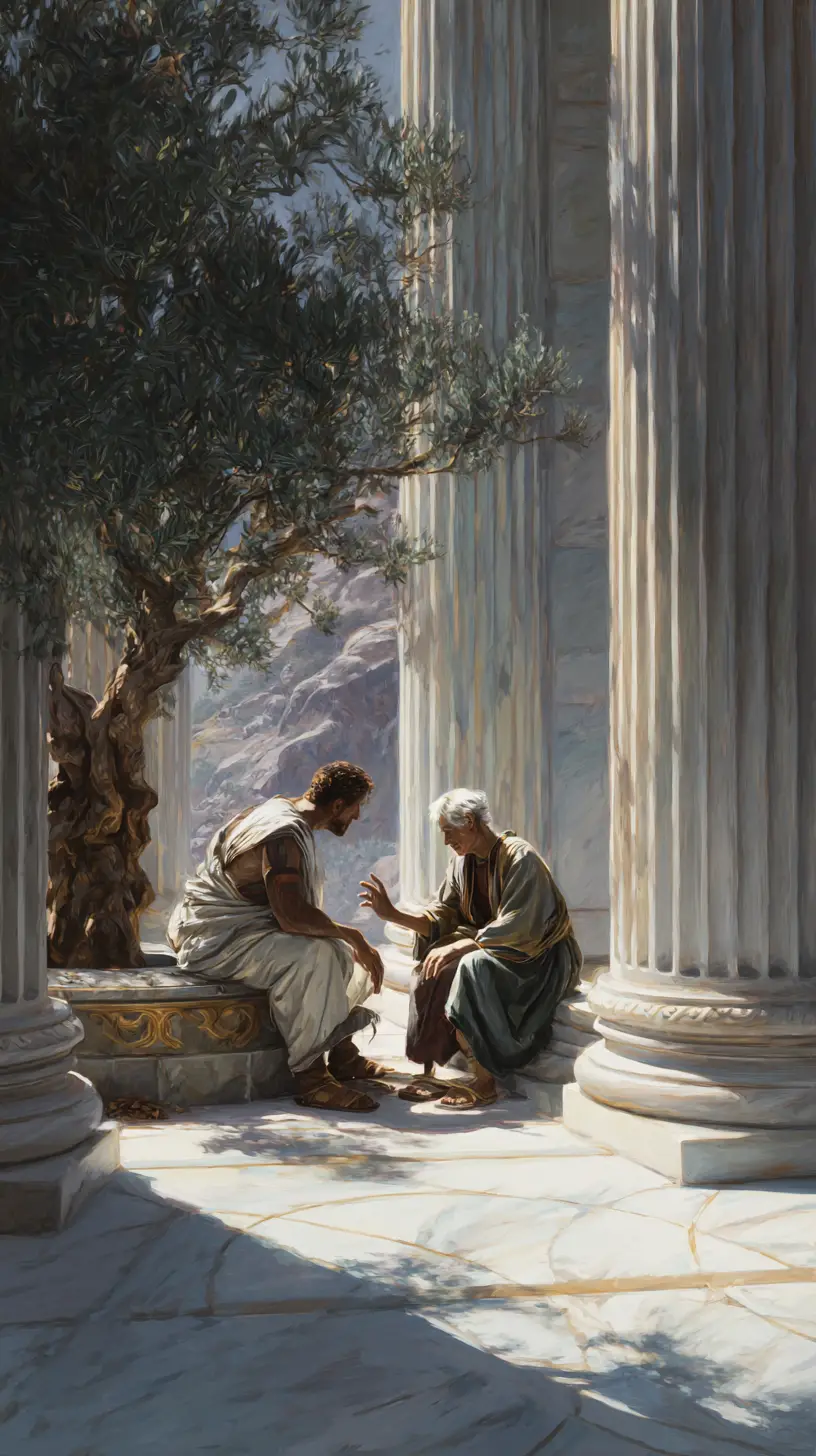Young man helping an elderly figure in an ancient temple