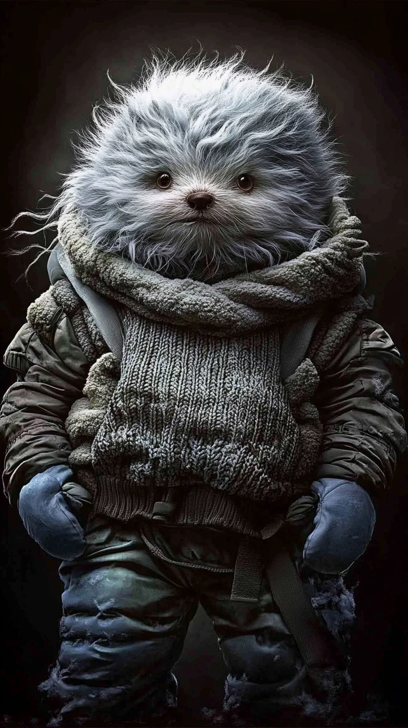 Cute arctic creature bundled in layered winter clothing