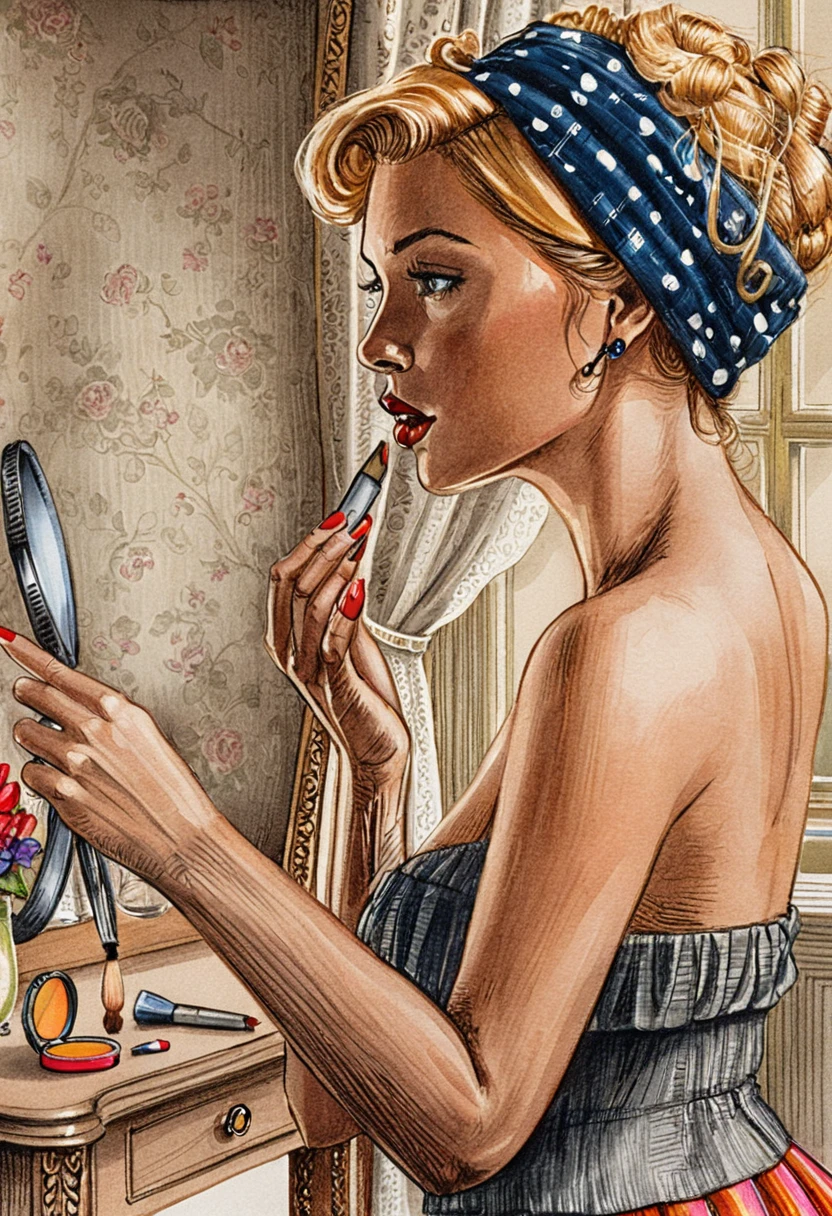 Blonde pin up woman applying lipstick at vintage vanity