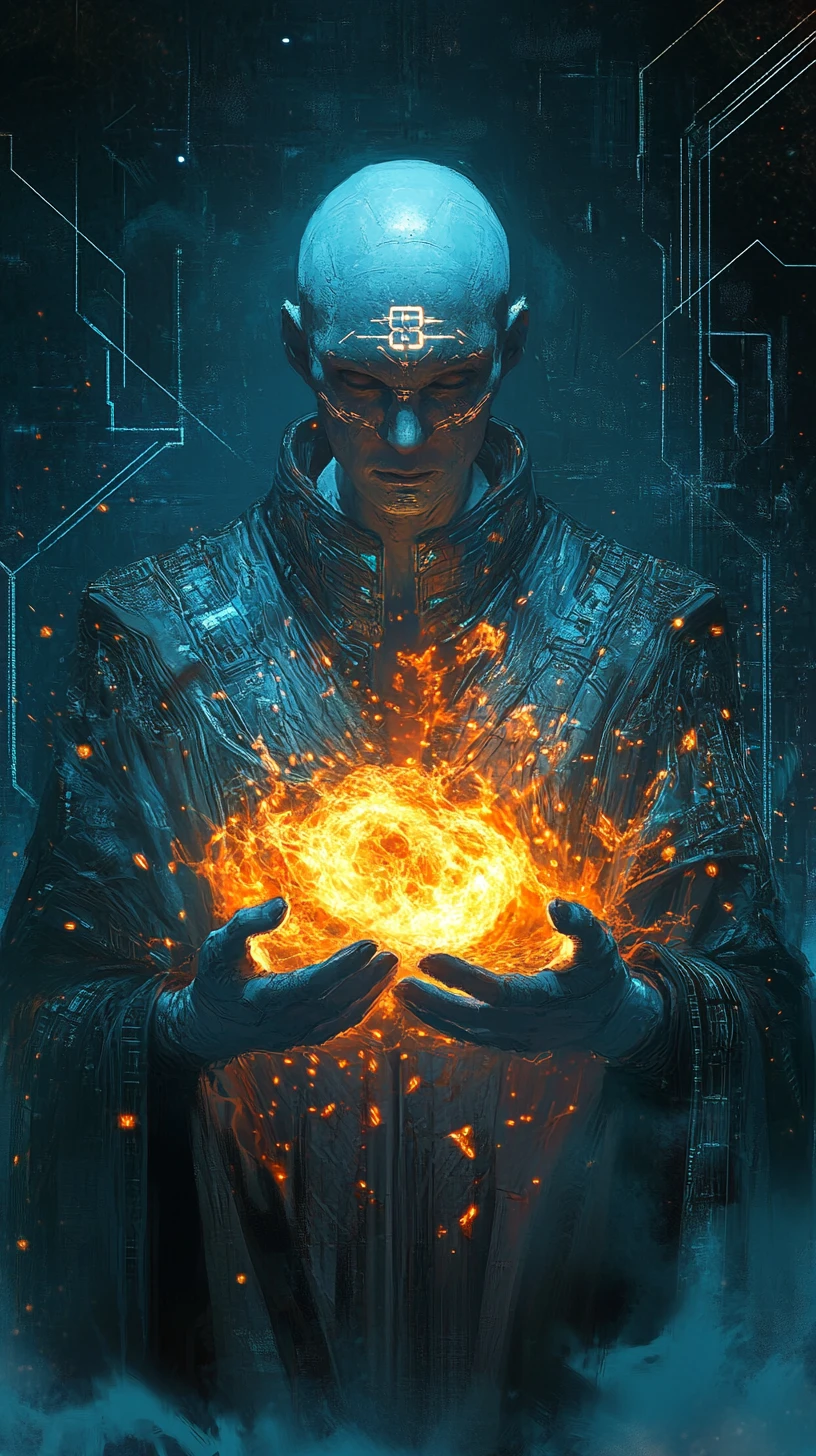 Cybernetic robed figure cradling glowing orange energy