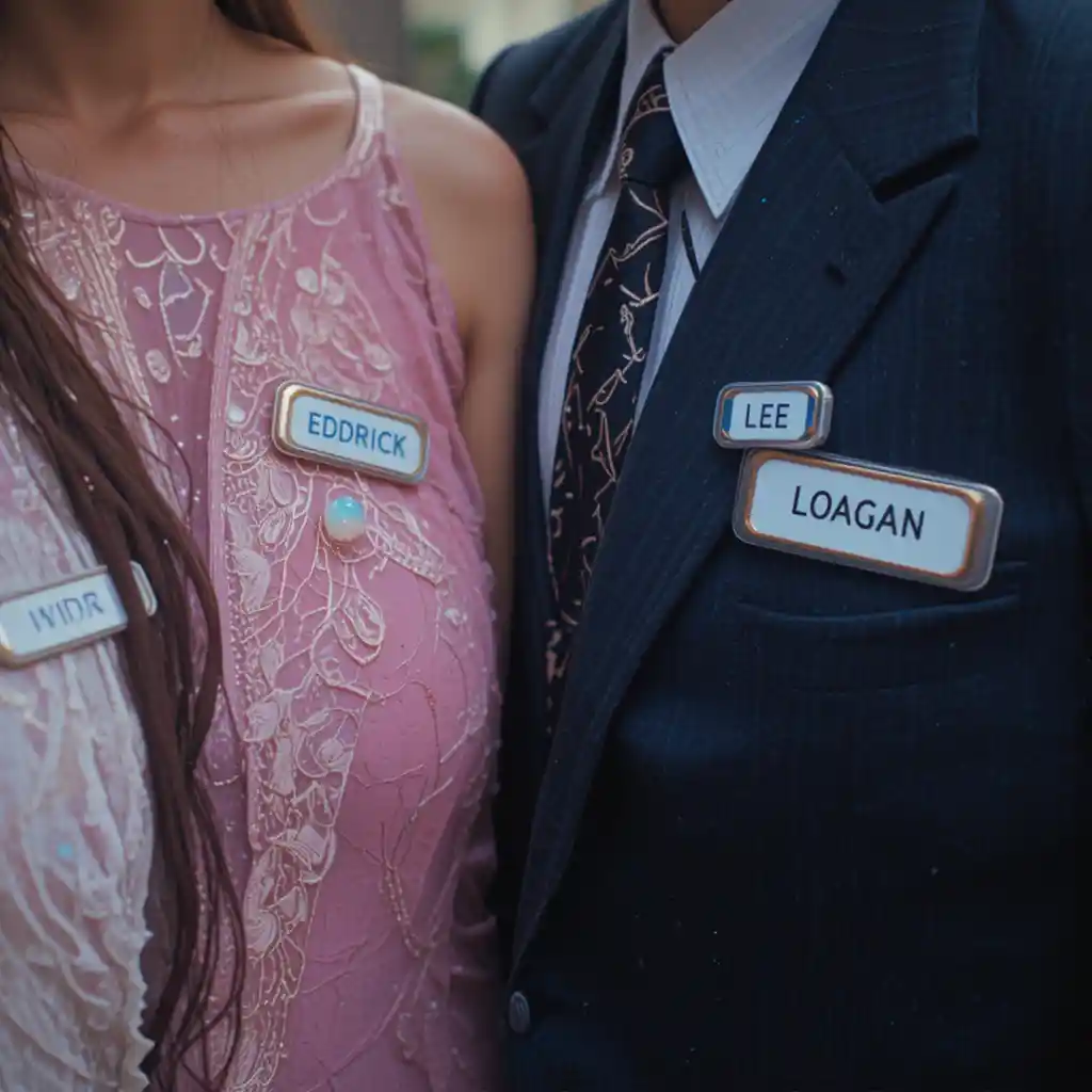 Four people wearing opal shaped name tags on their chests