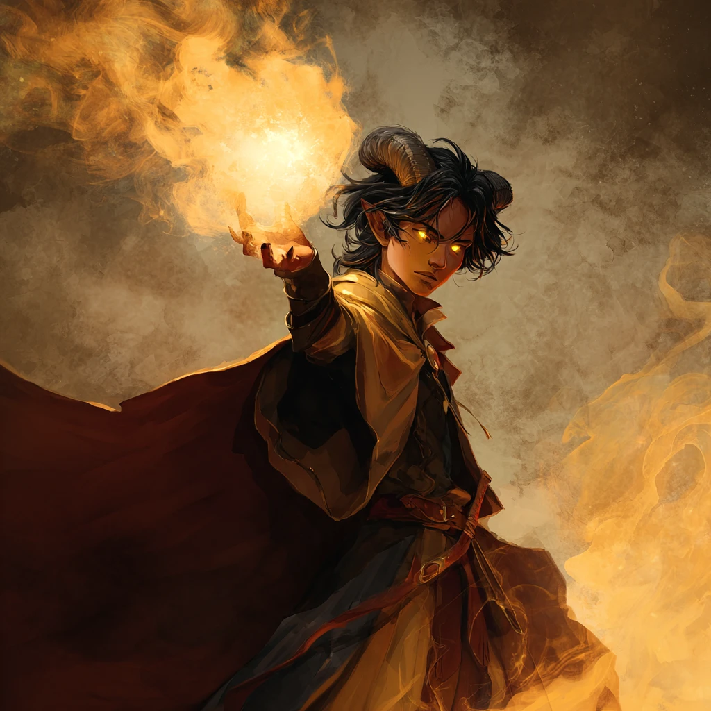 Tiefling wizard conjuring a blazing fireball in hand