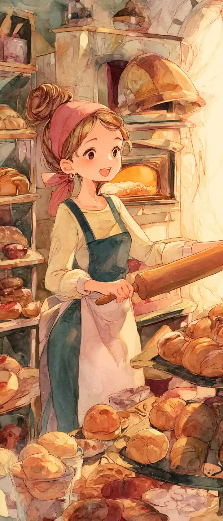 Cheerful anime baker pulling pastries from a warm bakery oven