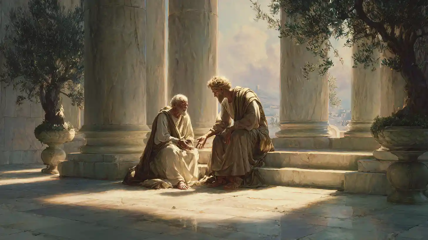 Young figure helping an elderly person in an ancient temple