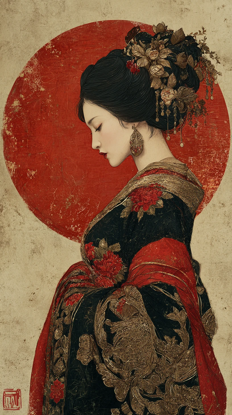 Elegant woman in traditional kimono with red sun backdrop