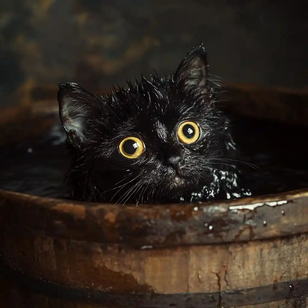 Wet black kitten in a wooden tub watercolor illustration