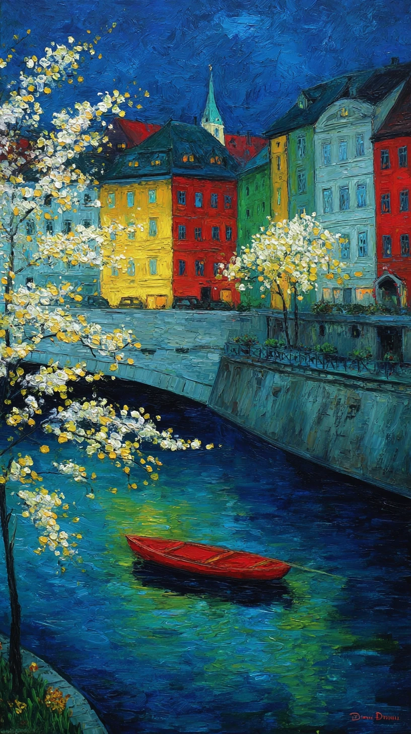 Cerezos en flor sobre una ciudad colorida de noche