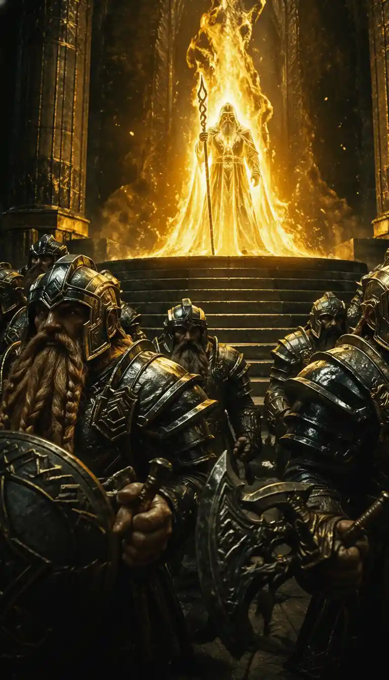 Wizard of light confronting dwarven guards in a vast hall