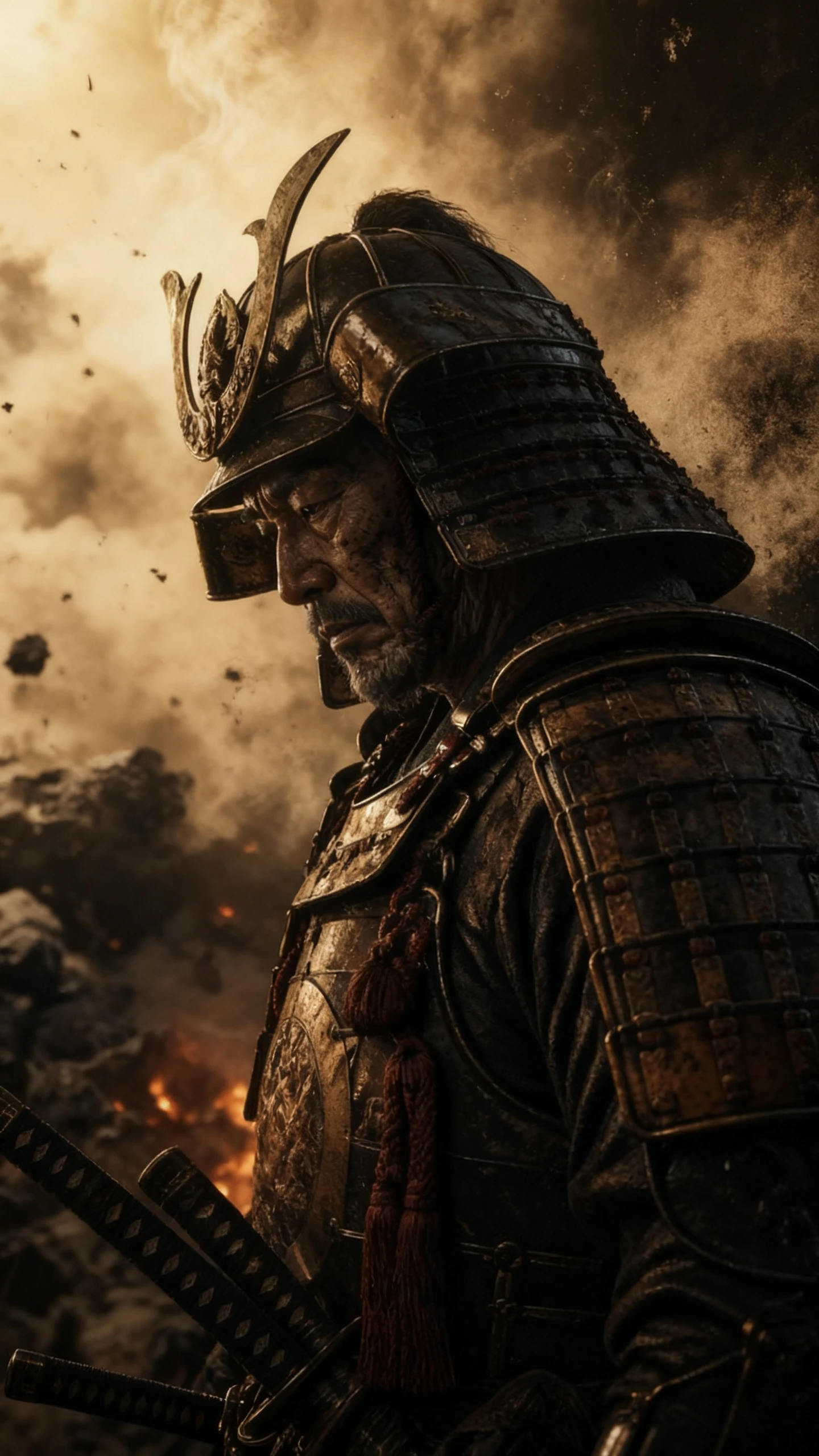 Brooding samurai warrior in armor amid smoke and embers