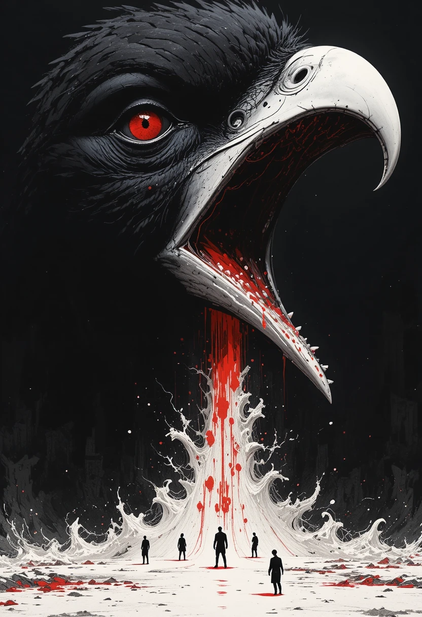 Giant crow silhouette with hypnotic eye and red abyss