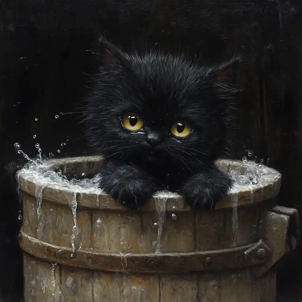 Wet black kitten in a wooden tub with magical watercolor charm
