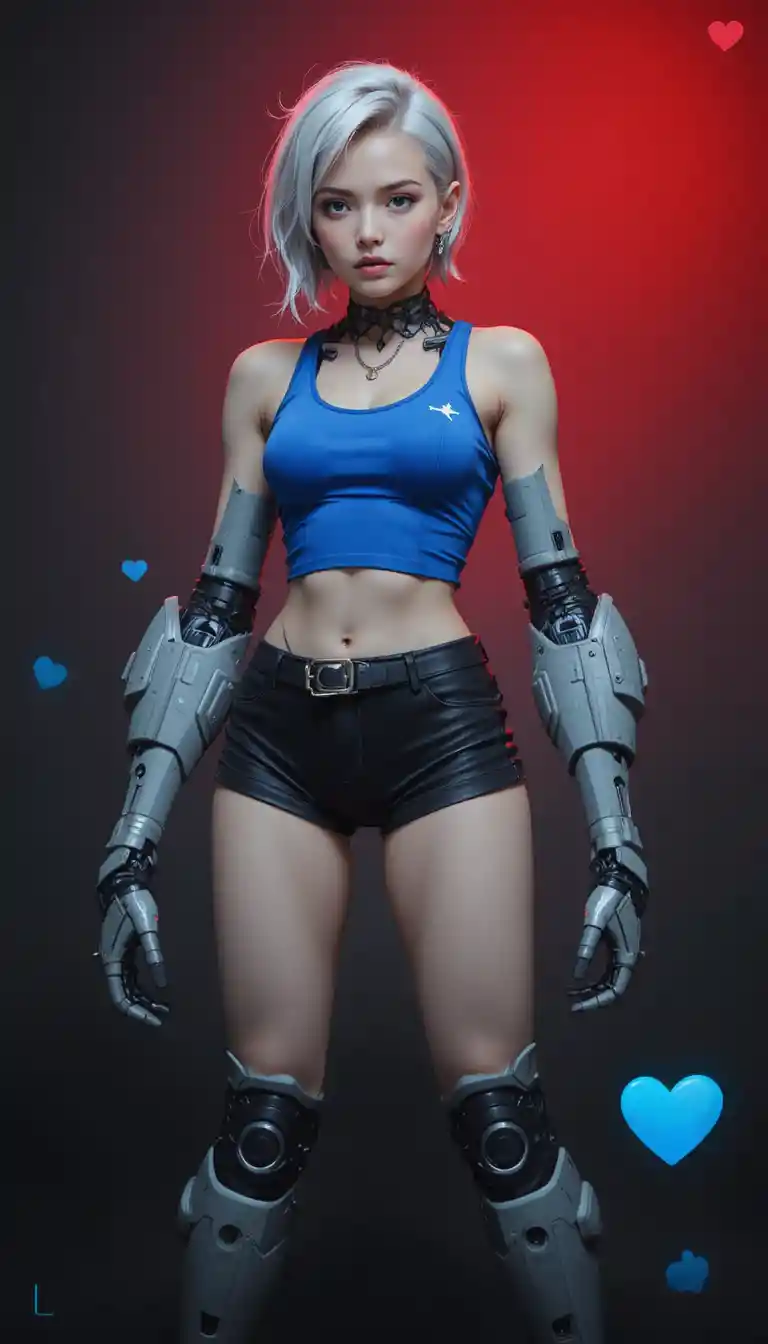 Cyborg woman with robotic limbs on dark red gradient