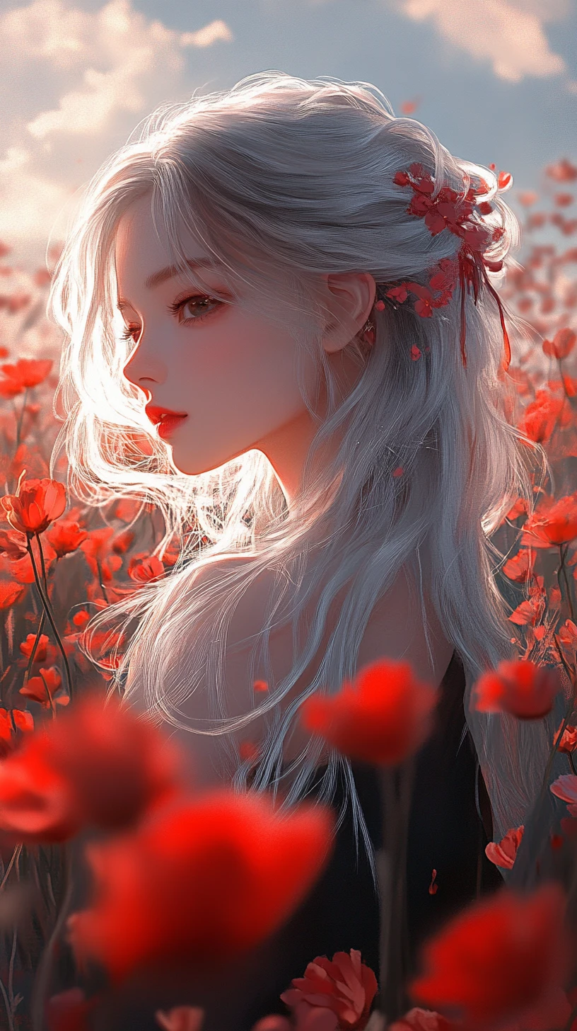 Silver haired anime woman in red spider lily field at dusk