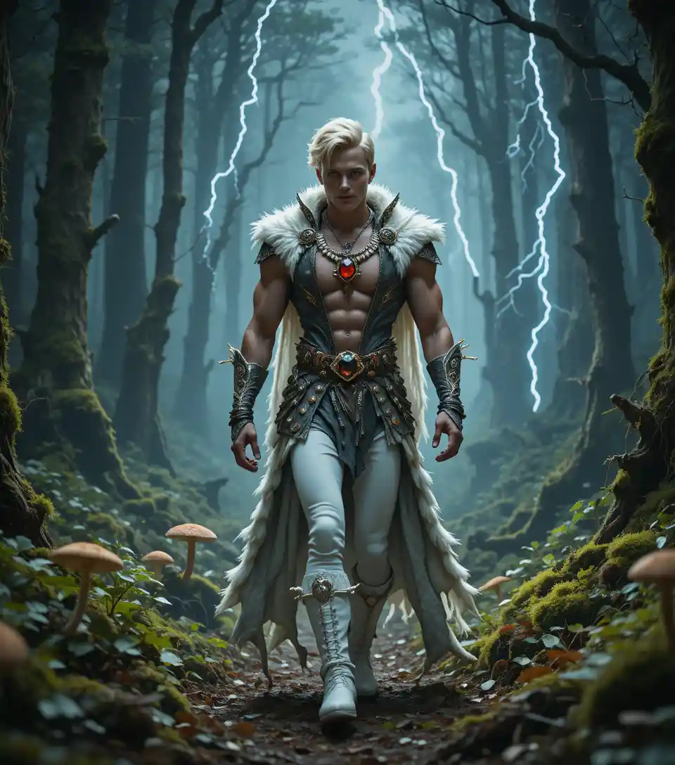 Jeune noble marchant dans une forêt enchantée en pleine tempête