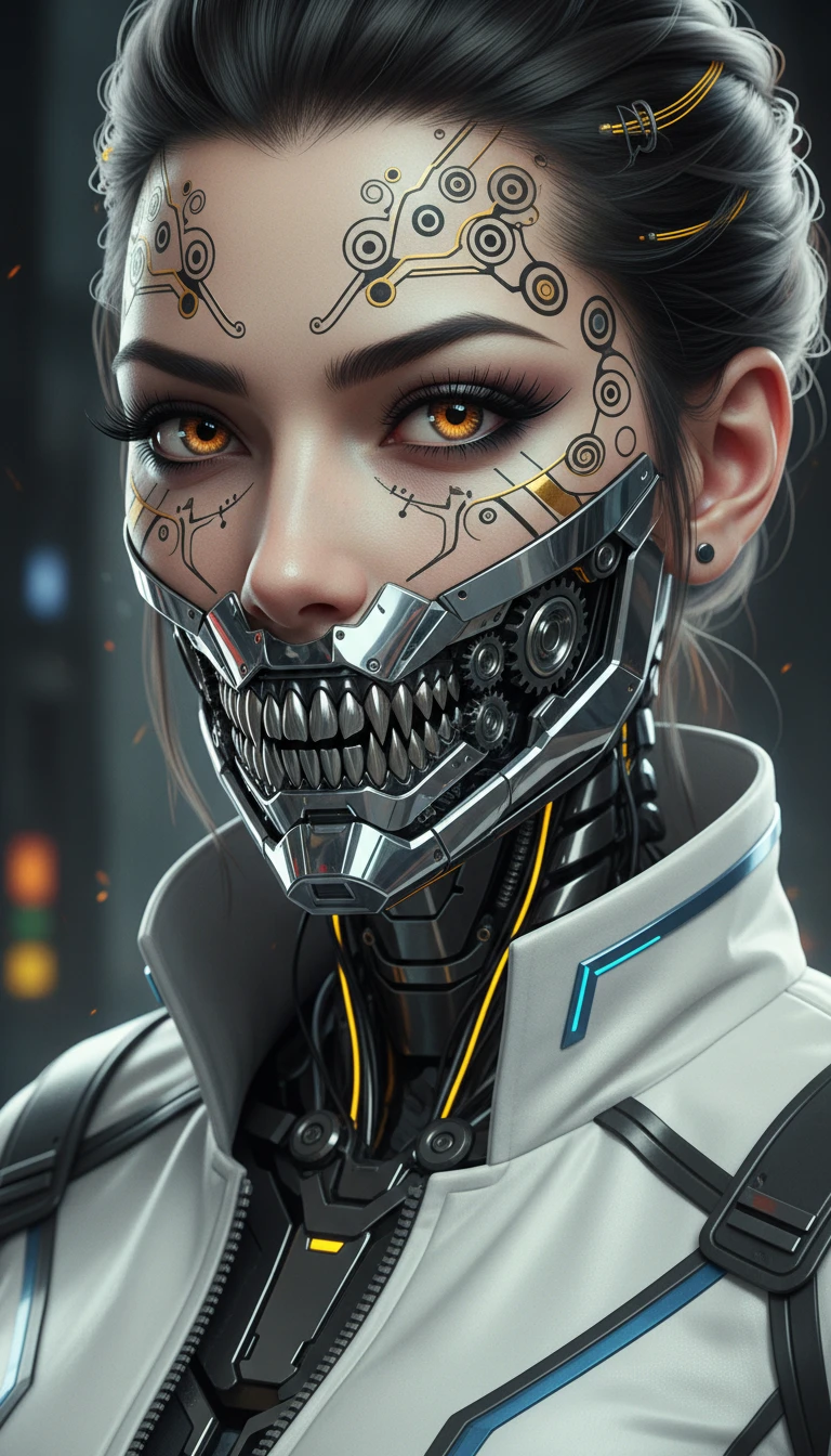 Cyberpunk cyborg woman with chrome jaw and amber eyes